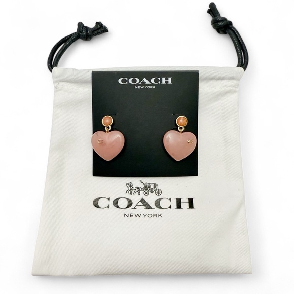 Coach Signature Logo Pink Resin Heart Drop Dangle Earrings Goldtone NEW - Picture 2 of 6